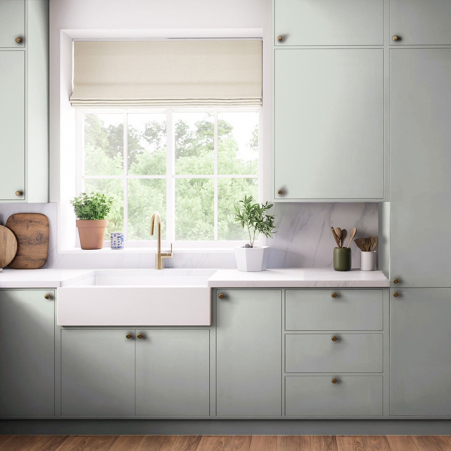 Kitchen Highline & Medium Wall Doors, Flat Slab in Green Grey